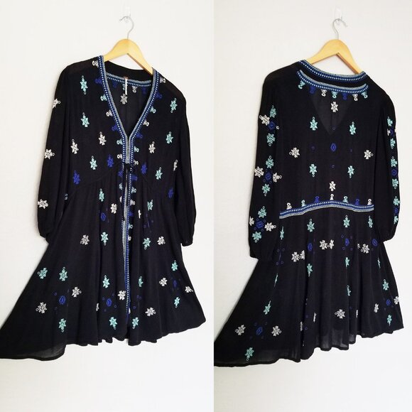 FREE PEOPLE Star Gazer Embroidered Boho Mini Dress Coverup Black XS Tunic $128 - Picture 12 of 16